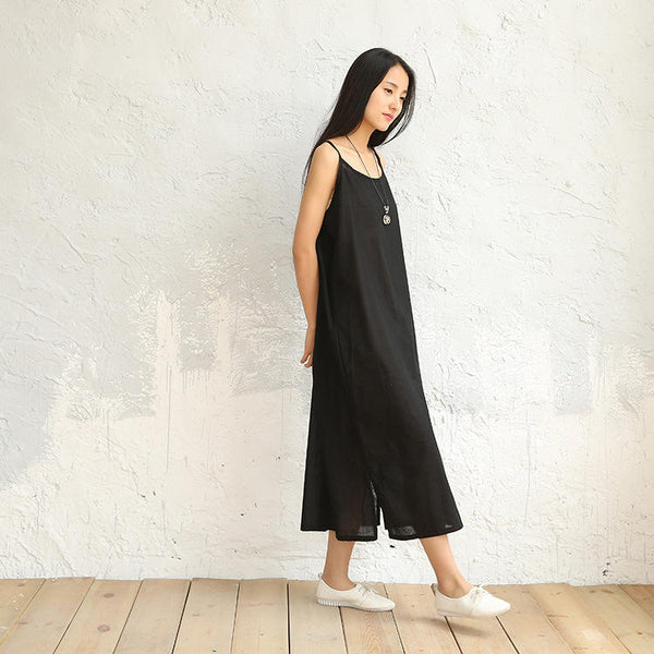 Women Large Loose Harness Linen and Cotton Dress