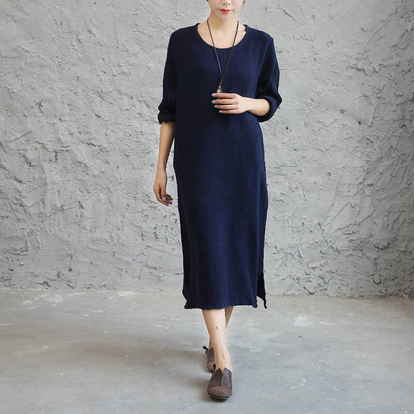 Women Linen and Cotton Double-layer Long-sleeved Loose Dress