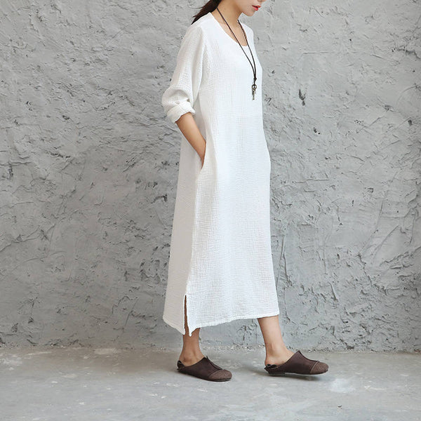 Women Linen and Cotton Double-layer Long-sleeved Loose Dress