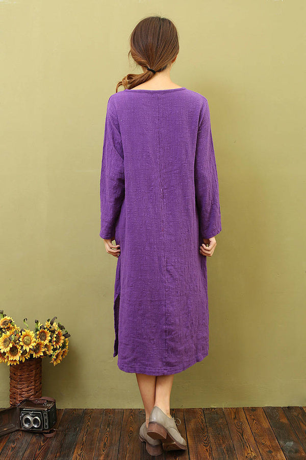 Women Cotton & Linen Loose Bracelet Sleeved Dress