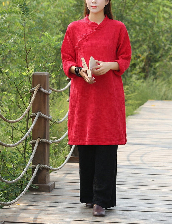 Women Retro Chinese Style Loose Long Sleeved Wrinkled Tunic