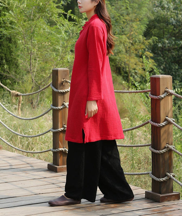 Women Retro Chinese Style Loose Long Sleeved Wrinkled Tunic