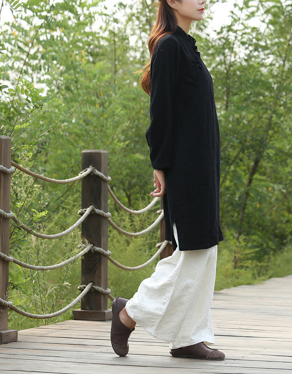 Women Retro Chinese Style Loose Long Sleeved Wrinkled Tunic