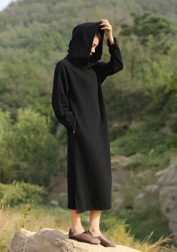 Women Simple Soft Cotton & Linen Hoodie Dress
