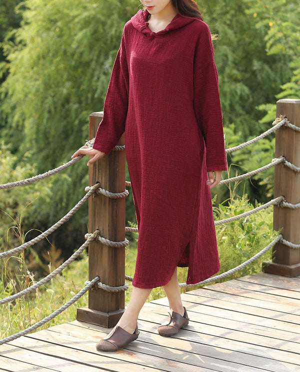 Women Simple Soft Cotton & Linen Hoodie Dress