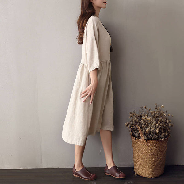 Women Cotton & Linen Round-neck Half Sleeved Loose Dress