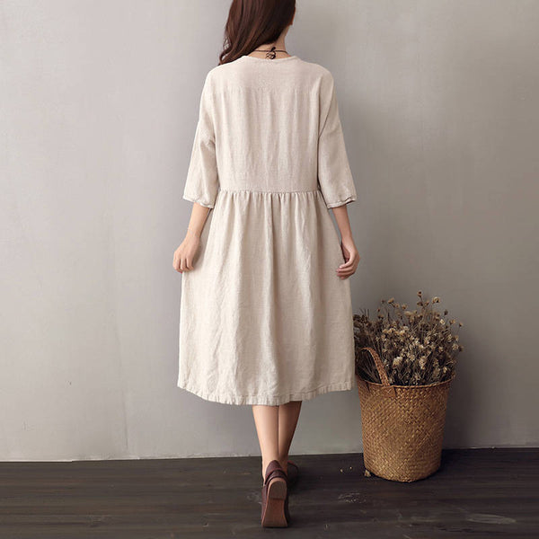 Women Cotton & Linen Round-neck Half Sleeved Loose Dress