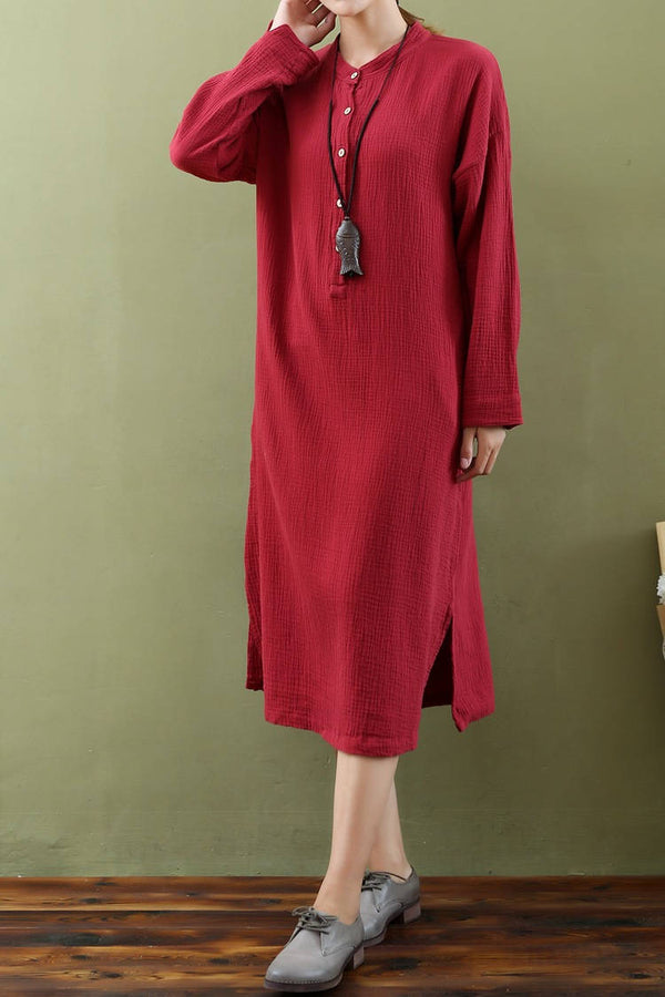 Women Retro Style Linen and Cotton Double-layer Button Long-sleeved Dress