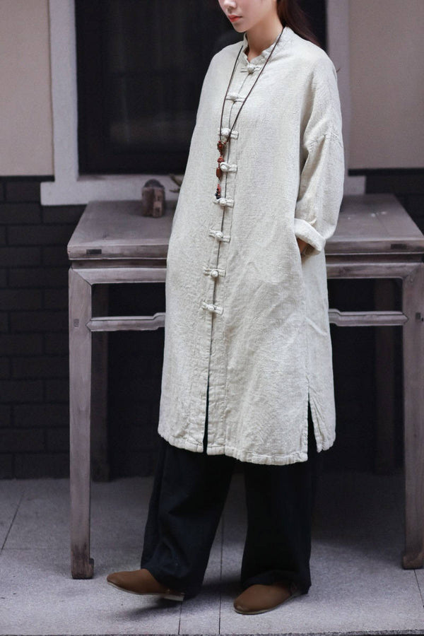 Women Retro Collar Buckle Pure Linen and Cotton Cardigan Shirt Style Long Coat