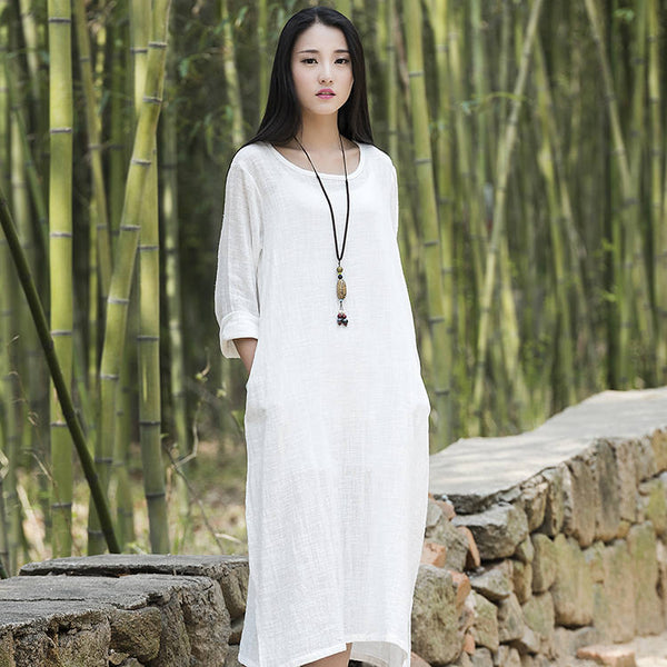 Women Simple Style Long Sleeves Cotton and Linen Dress