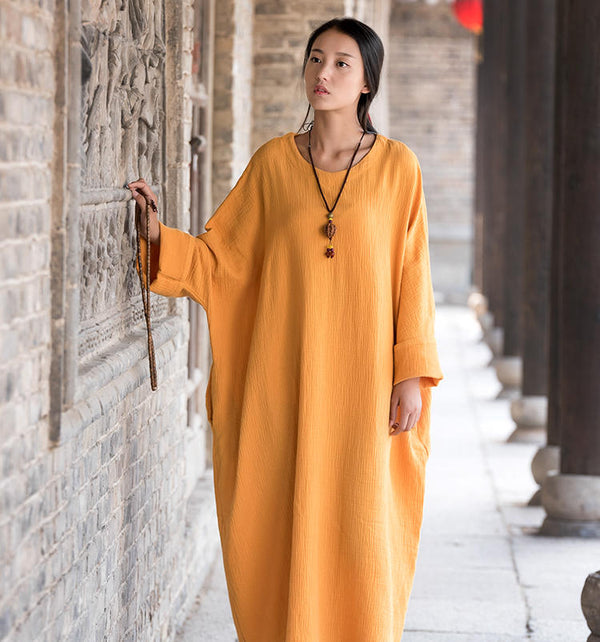 Women Asian Arts Retro Style Loose Cotton and Linen Dress