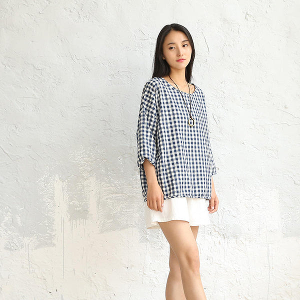 Women Cotton and Linen Round Neck Lose Small Square Patterned T-shirt