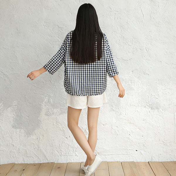 Women Cotton and Linen Round Neck Lose Small Square Patterned T-shirt