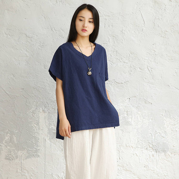 Women Cotton and Linen V-neck Short Sleeve Loose T-shirt