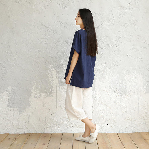 Women Cotton and Linen V-neck Short Sleeve Loose T-shirt