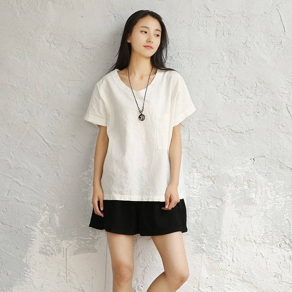 Women Cotton and Linen V-neck Short Sleeve Loose T-shirt