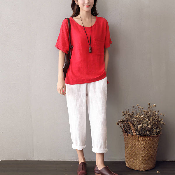 Women Cotton and Linen Short Sleeve Loose T-shirt