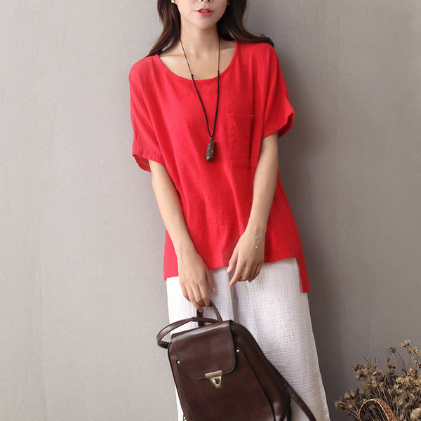 Women Cotton and Linen Short Sleeve Loose T-shirt