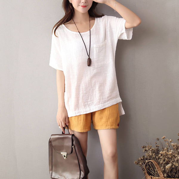 Women Cotton and Linen Short Sleeve Loose T-shirt