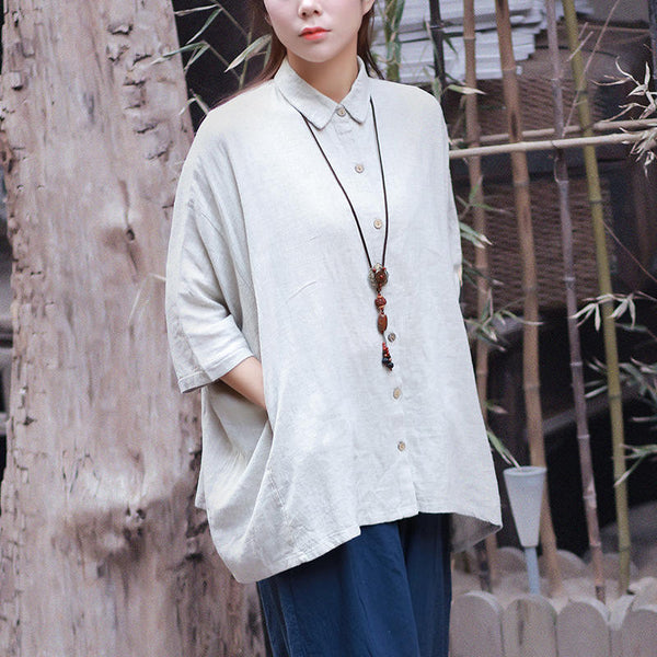 Women Pure Color Causal Linen and Cotton Loose Cardigan Shirt