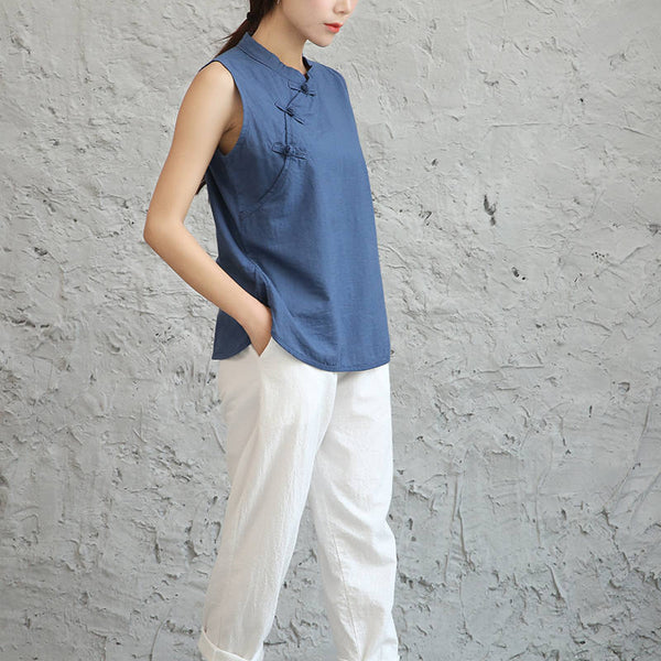 Women Cotton and Linen Asian Style Retro Art Buckle Vest