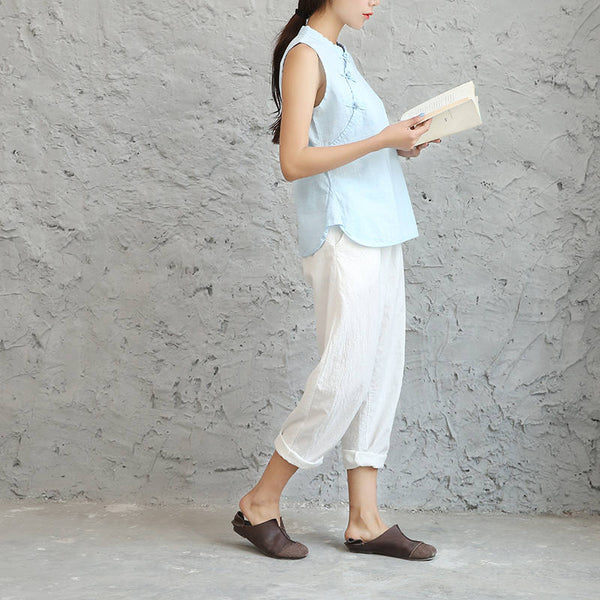 Women Cotton and Linen Asian Style Retro Art Buckle Vest