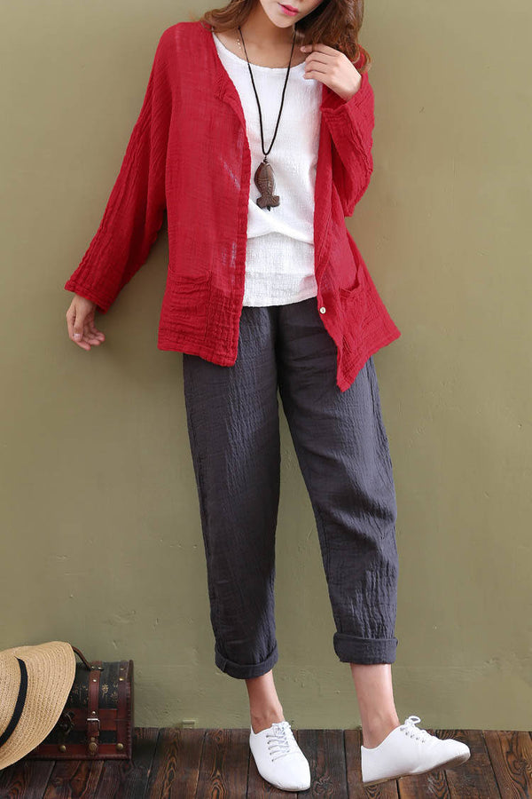 Women Loose Long Sleeve Linen and Cotton Cardigan Shirt