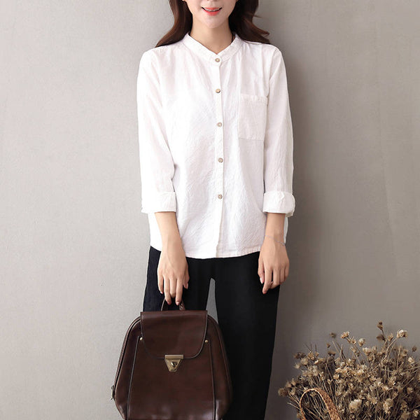 Women Long Sleeves Cotton and Linen Cardigan Shirt