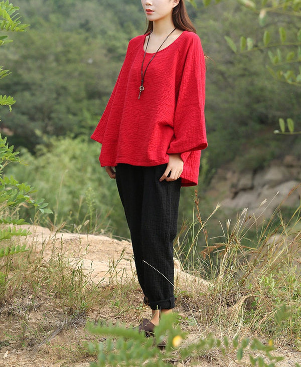 Women Loose Long-sleeved Cotton and Linen T-shirts