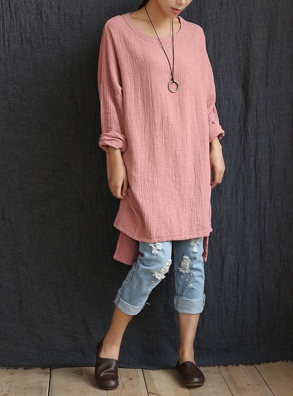 Women Round Nick Long Cotton and Linen Dress-style Long T-shirts