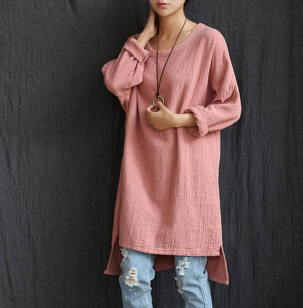 Women Round Nick Long Cotton and Linen Dress-style Long T-shirts