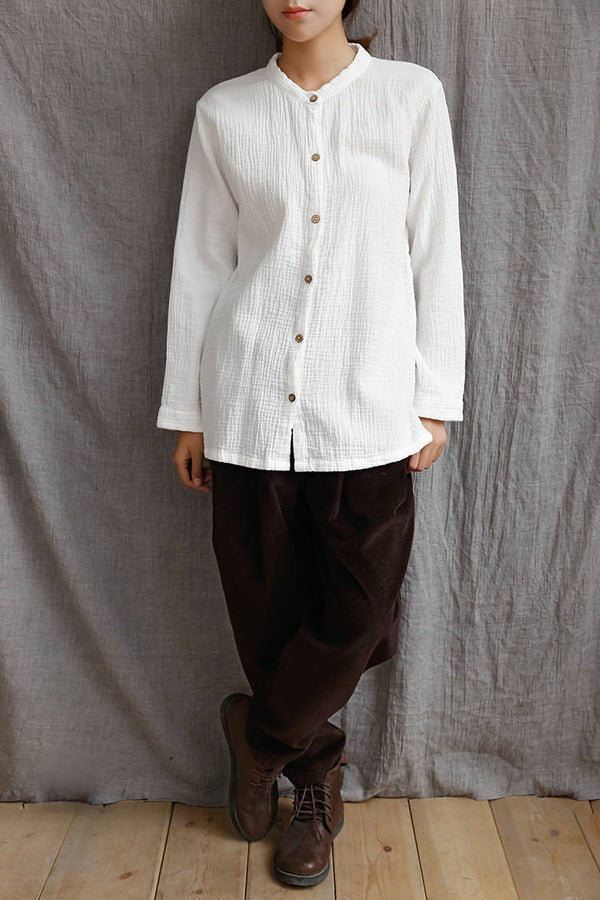 Women Long Sleeves Cotton and Linen Wrinkled Shirt