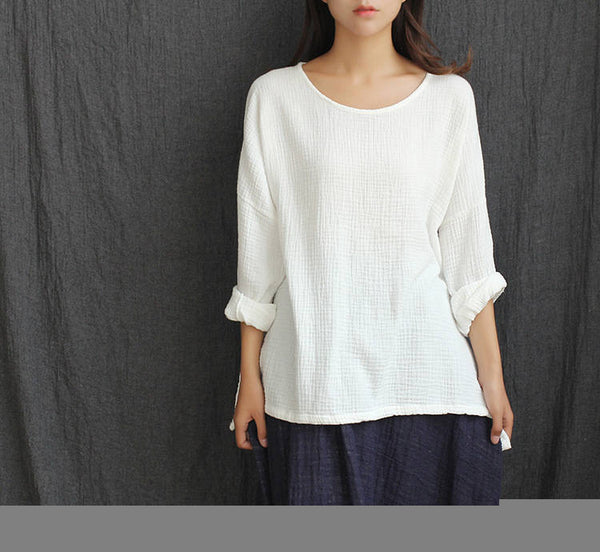 Woman Linen and Cotton T-Shirt – Art Loose Large Wrinkled Long Sleeve Cotton and Linen T-Shirts