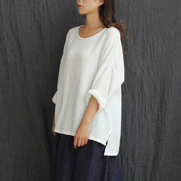 Woman Linen and Cotton T-Shirt – Art Loose Large Wrinkled Long Sleeve Cotton and Linen T-Shirts