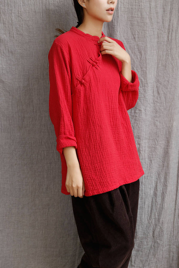 Women Retro Chinese Style Collar Long Sleeve Cotton and Linen Blouses