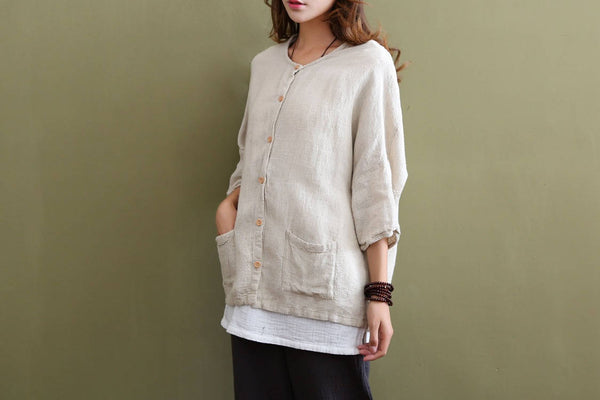 Women Loose Pure Linen and Cotton Cardigan Top