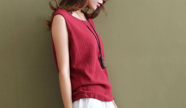 Women Loose Lace Wrinkled Cotton and Linen Vest