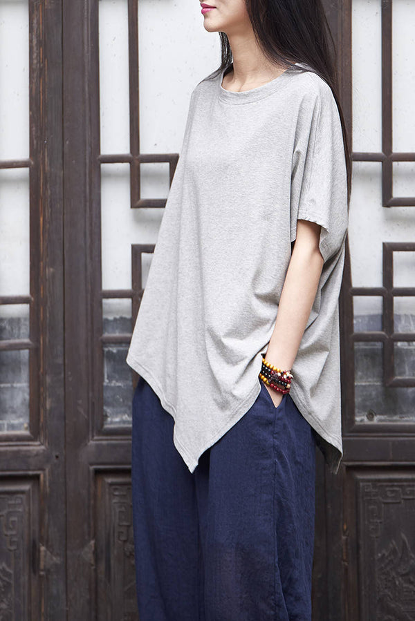 Women cotton and linen T-shirt – Irregular asymmetrical short sleeve thin loose t-shirt