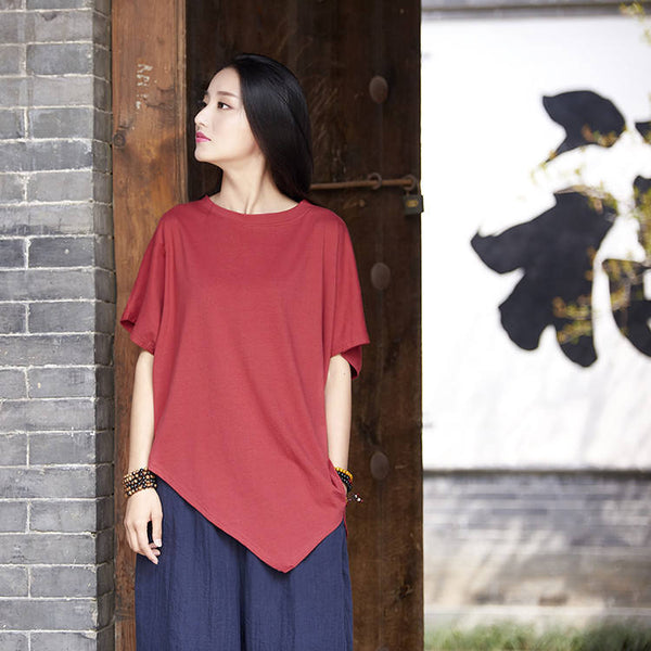 Women cotton and linen T-shirt – Irregular asymmetrical short sleeve thin loose t-shirt