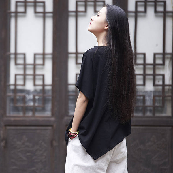 Women cotton and linen T-shirt – Irregular asymmetrical short sleeve thin loose t-shirt