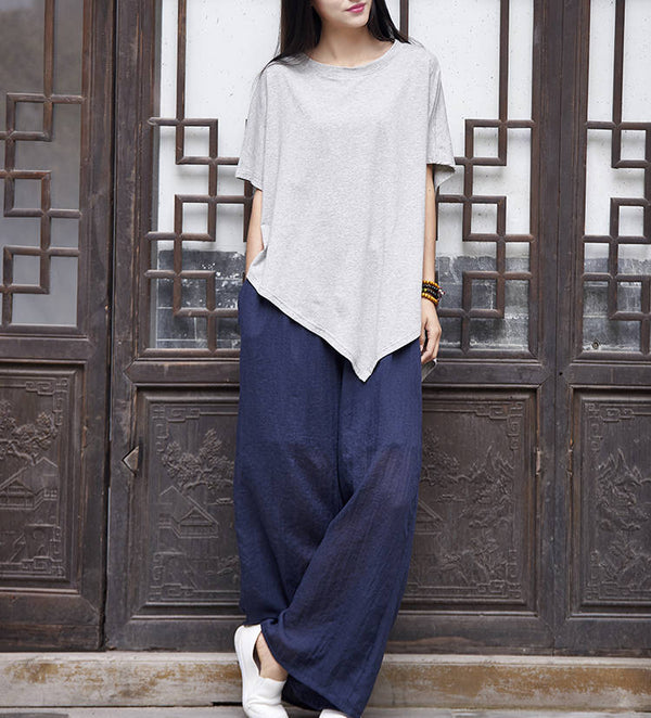 Women cotton and linen T-shirt – Irregular asymmetrical short sleeve thin loose t-shirt