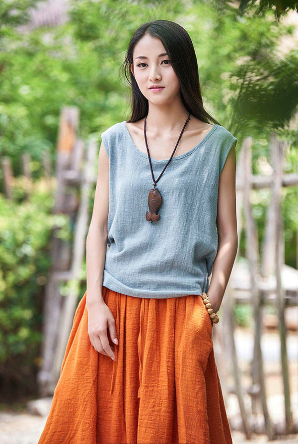 Women cotton and linen Sleeveless summer thin loose vest style t-shirt