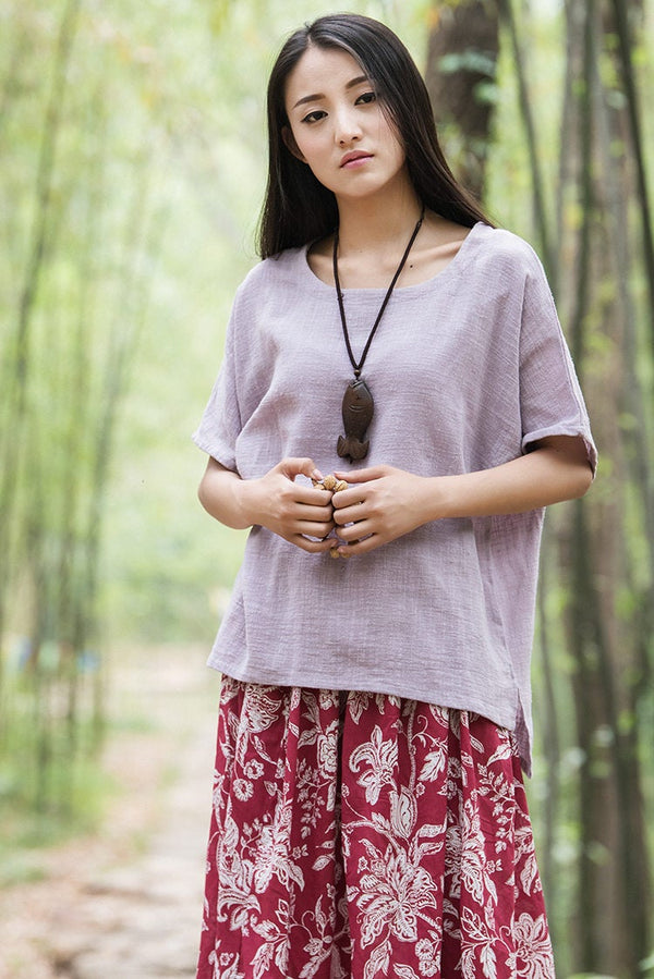 Original Retro Women Cotton and Linen Short Sleeve T-shirt