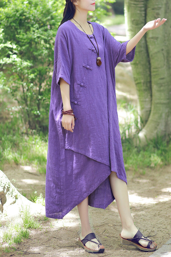 Women Retro Buckle Short-sleeved Linen and Cotton Dress