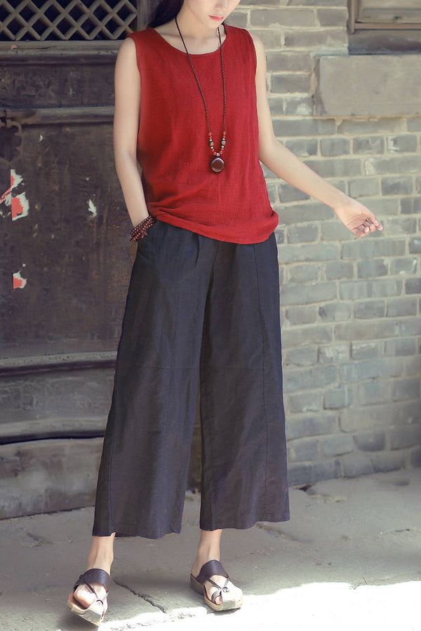 Women Leisure Pure Color Wide Leg Linen and Cotton Pants