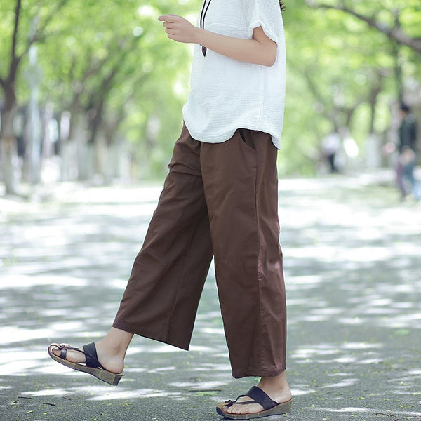 Women Leisure Pure Color Wide Leg Linen and Cotton Pants