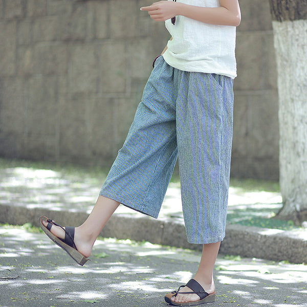 Women Causal Linen and Cotton Wide Leg Cropped Pants