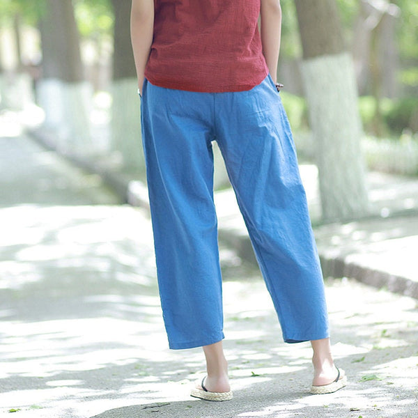 Women Simple Casual Light Linen and Cotton Cropped Pant (Capri)