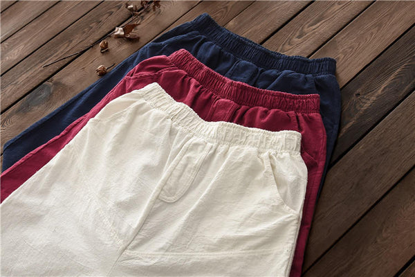 Women Water Washed Linen and Cotton Wrinkled Short