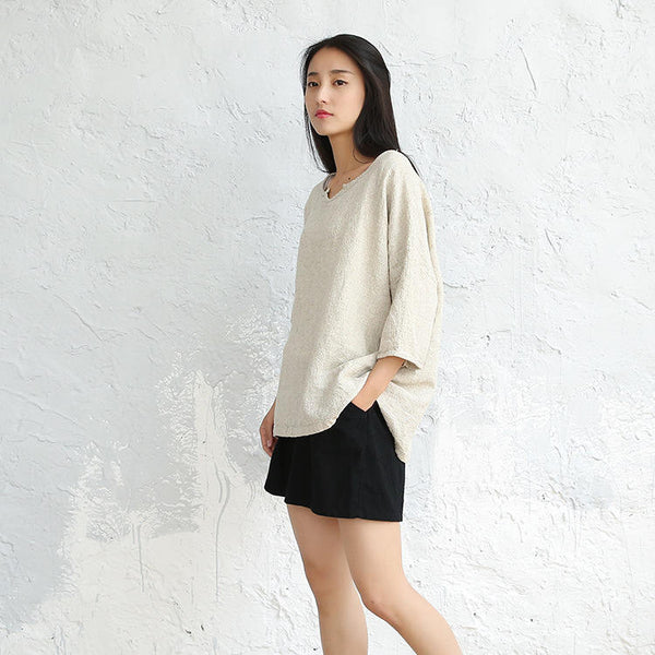 Women Loose cotton and linen V collar wild flax T-shirt